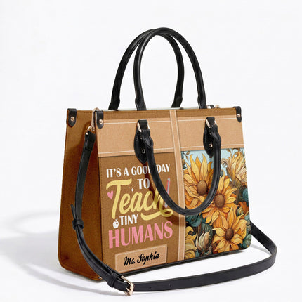Personalized Teacher Leather Handbag Sunflower Teach Tiny Humans
