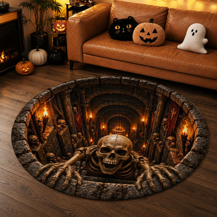 Halloween Skeleton Dungeon Round Rug 3D Skull Horror Doormat