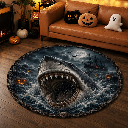 Halloween Shark Round Rug Haunted Ocean Pirate Ship Doormat