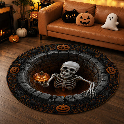 Halloween Round Rug Skeleton Pumpkin 3D Illusion Doormat