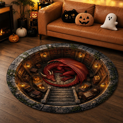 Halloween Round Rug Red Dragon Dungeon 3D Fantasy Doormat