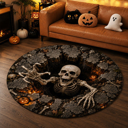 Halloween Skeleton Grave Pit Round Rug 3D Creepy Skull Doormat