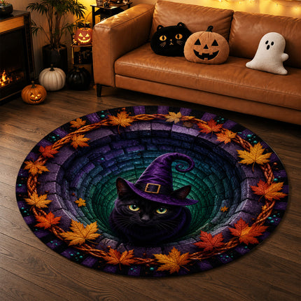 Halloween Round Rug Black Cat Witch 3D Illusion Doormat