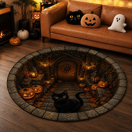 Halloween Round Rug Black Cat Pumpkin 3D Haunted Stairway Doormat