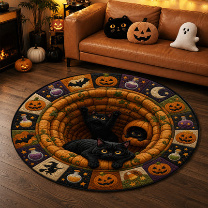 Halloween Round Rug Black Cat Pumpkin 3D Illusion Doormat