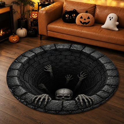 Halloween Round Rug Skeleton Well 3D Illusion Doormat