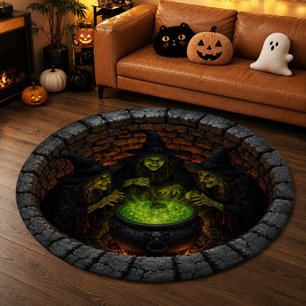 Halloween Round Rug Witches Cauldron 3D Illusion Doormat