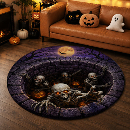 Halloween Round Rug Skeleton Grave 3D Illusion Doormat