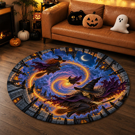 Halloween Flying Witch Portal Round Rug Haunted Castle Doormat