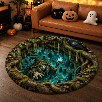 Halloween Swamp Witch Round Rug Haunted Forest Raven Doormat