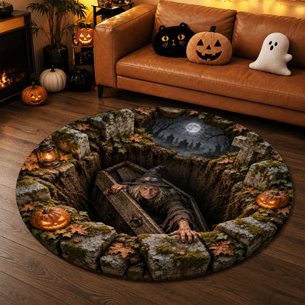 Halloween Witch Coffin Graveyard Round Rug Spooky Pumpkin Doormat