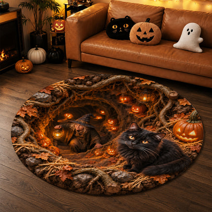 Halloween Black Cat Witch Cave Round Rug Pumpkin Doormat