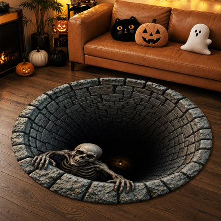 Halloween Round Rug Skeleton Well Spooky Doormat