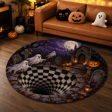 Halloween Round Rug Ghost Graveyard Moon 3D Illusion Doormat
