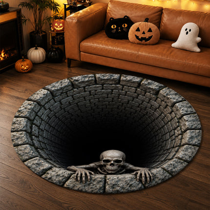 Halloween Round Rug Skeleton Stone Well 3D Illusion Doormat