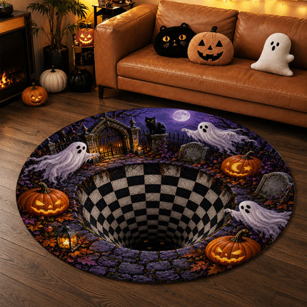 Halloween Round Rug Ghost Pumpkin Graveyard Illusion Doormat