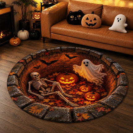 Halloween Round Rug Skeleton Ghost Pumpkin 3D Illusion Doormat