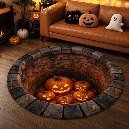 Halloween Round Rug Pumpkin Well 3D Illusion Doormat