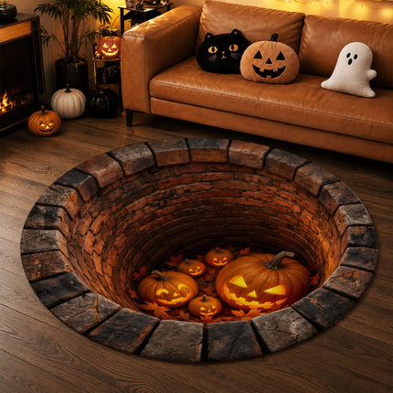 Halloween Round Rug Jack O Lantern Brick Well 3D Illusion Doormat