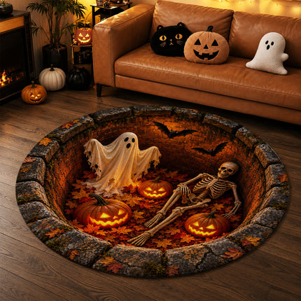 Halloween Round Rug Skeleton Ghost Pumpkin 3D Well Doormat