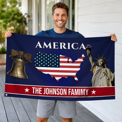 Personalized USA Map Liberty Bell American House Flag