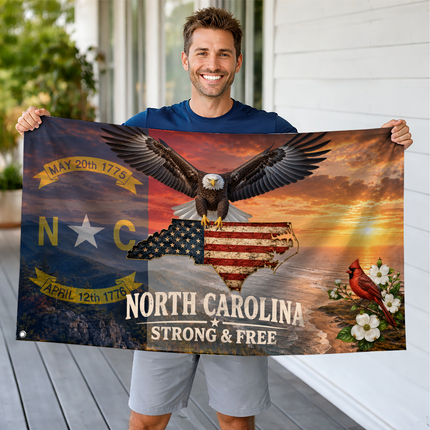 North Carolina Grommet Flag Strong And Free Eagle Cardinal