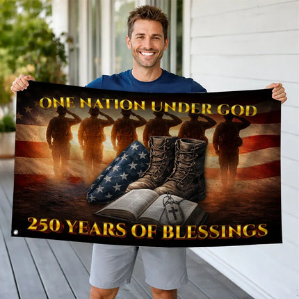 One Nation Under God Veteran Boots & Bible 250 Years House Flag