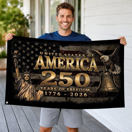 United States of America 250 Years of Freedom Vintage Gold Liberty Bell House Flag