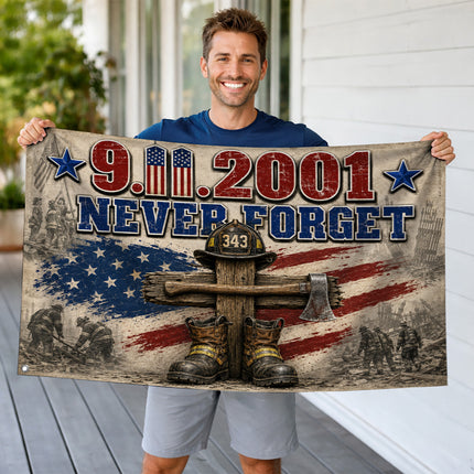 Patriot Day 25th Anniversary 343 Firefighter Cross Never Forget Grommet Flag