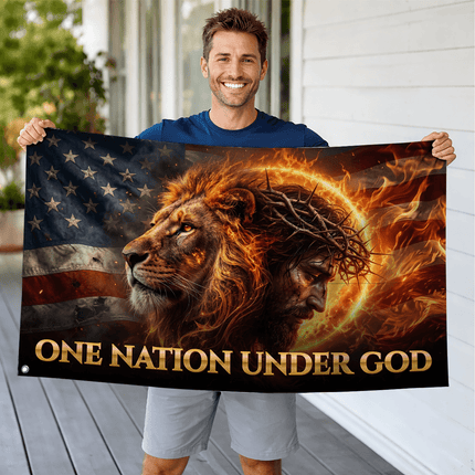 One Nation Under God Fiery Lion Jesus Flag
