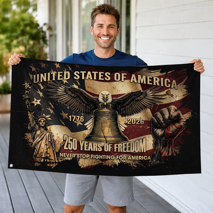 United States of America 250 Years of Freedom Never Stop Fighting Raised Fist House Flag