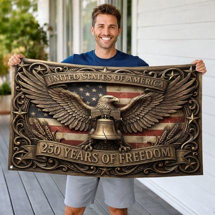 United States of America 250 Years of Freedom Ornate Bronze Eagle Liberty Bell House Flag