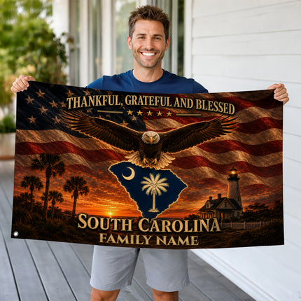 Personalized South Carolina Grommet Flag Thankful Grateful Blessed Custom Family Eagle