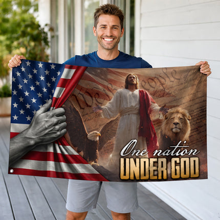 One Nation Under God Jesus Eagle Lion Constitution Grommet Flag