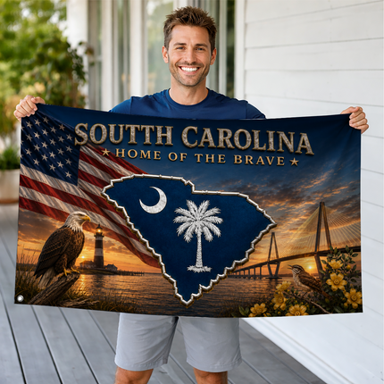South Carolina Grommet Flag Home of the Brave Eagle Lighthouse