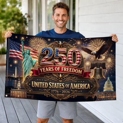 United States of America 250 Years of Freedom Liberty Bell Statue landmarks House Flag