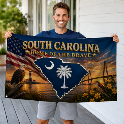 South Carolina Grommet Flag Home of the Brave Eagle Lighthouse