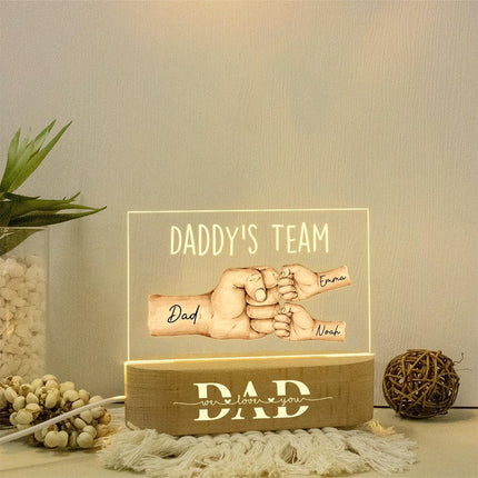 Personalized Daddy's Team Fist Bump Acrylic Night Light - Father's Day, Birthday Gift For Dad - Charming Present