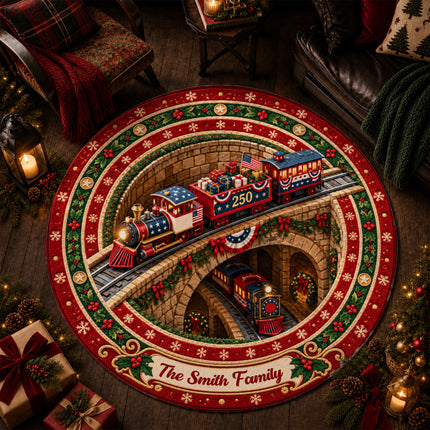 Personalized Christmas Train Doormat Patriotic Holiday Round Rug