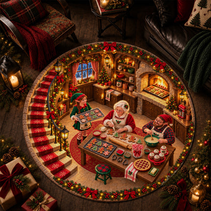 Christmas Cookie Baking Round Rug Cozy Kitchen Holiday Doormat
