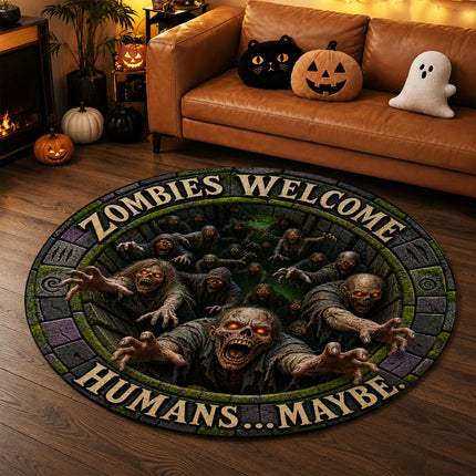 Halloween Round Rug Zombies Welcome Humans Maybe Doormat