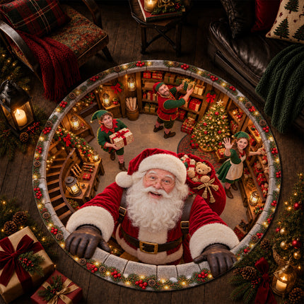 Santa's Workshop Christmas Round Rug North Pole Elves Doormat