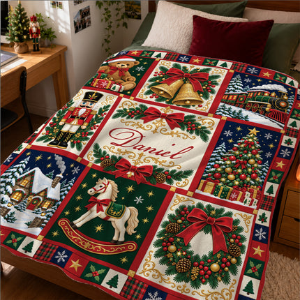 Personalized Christmas Fleece Blanket Nutcracker Holiday Patchwork