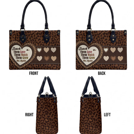 Personalized Teacher Leather Handbag Leopard Print Heart