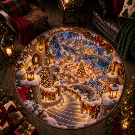 Christmas Village Round Rug Snowy Stairway Holiday Doormat