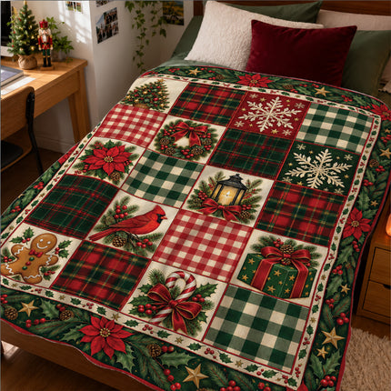 Christmas Patchwork Fleece Blanket Vintage Plaid Cardinal Poinsettia