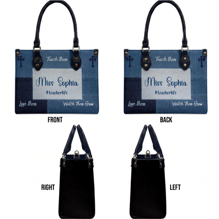 Personalized Teacher Leather Handbag Denim Floral Tiny Humans