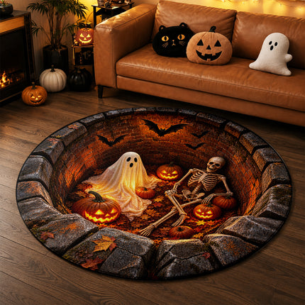 Halloween Round Rug Ghost Skeleton Pumpkin Pit Doormat