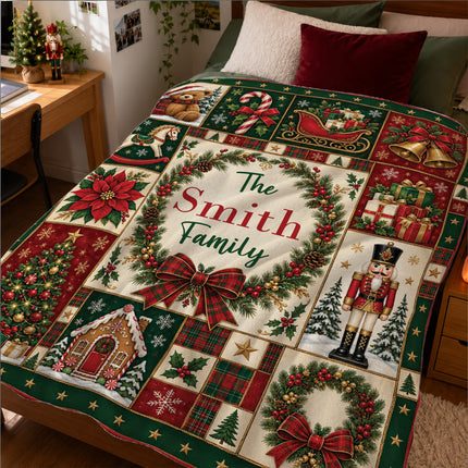 Personalized Family Christmas Fleece Blanket Custom Last Name Holiday Patchwork