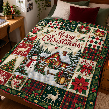 Personalized Family Christmas Fleece Blanket Snowman Winter Cottage